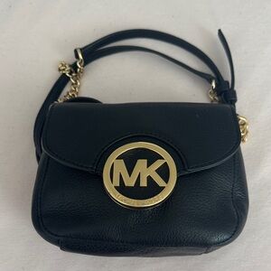 Michael Kors Black Leather Crossbody with Gold MK Medallion
